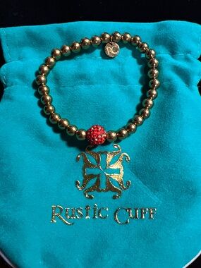 Rustic Cuff Gold Beaded Bracelet with Red Pave Accent